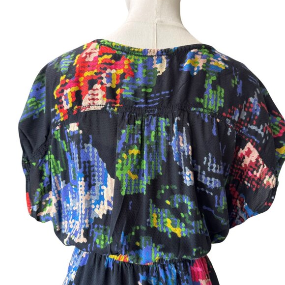 Anthropologie Black Floral Abstract Midi Dress | Size M | V-Neck Elastic Waist - Picture 2 of 9